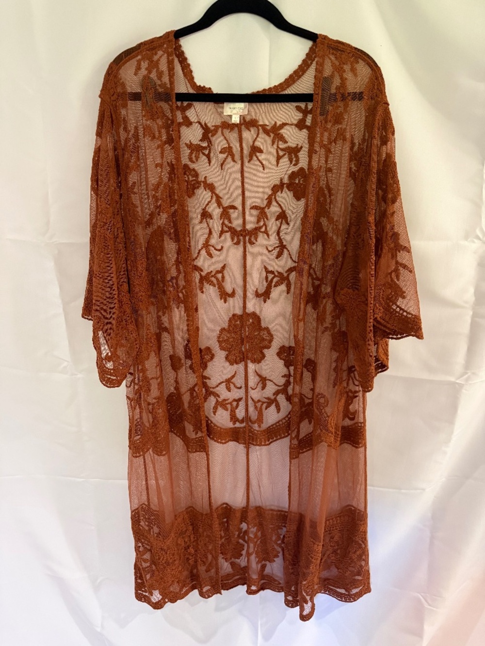 Dizzy Gal Rust Brown Embroidered Mesh Lace Kimono Duster Cardigan Size L